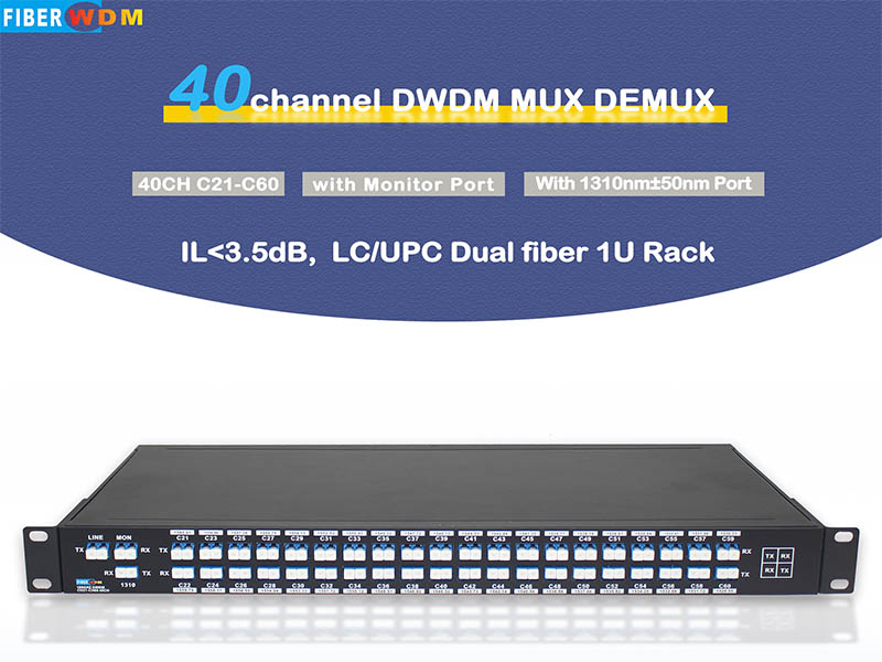 DWDM MUX DEMUX 40 canales C21-C60 doble fibra LC/UPC 1U rack
